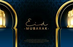 Eid mubarak background in luxury style Vector illustration of dark green islamic design with gold lantern and crescent moon for Islamic holy month celebrations