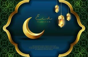 Fondo de eid mubarak en estilo de lujo ilustración vectorial de diseño islámico verde oscuro con linterna dorada y luna creciente para celebraciones del mes sagrado islámico vector