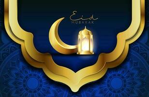 Eid mubarak background in luxury style Vector illustration of dark green islamic design with gold lantern and crescent moon for Islamic holy month celebrations