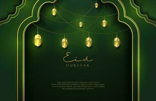 Fondo de eid mubarak en estilo de lujo ilustración vectorial de diseño islámico verde oscuro con linterna dorada o fanoos para celebraciones del mes sagrado islámico vector