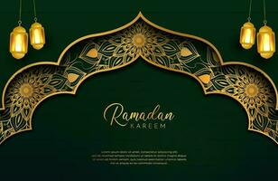 Fondo de eid mubarak en estilo de lujo ilustración vectorial de diseño árabe verde oscuro con linterna dorada o fanoos para celebraciones del mes sagrado islámico vector