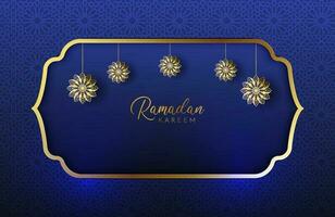 Fondo de Ramadán Kareem con ilustración de vector de estilo de lujo de color dorado y azul para celebraciones del mes sagrado islámico decorado con luna y mandala arabesco