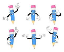 Mascot personajes de lápiz de colores de pie y haciendo diferentes acciones aisladas sobre fondo blanco. vector