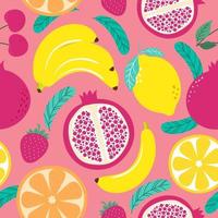 Dibujado a mano lindo patrón transparente frutas, naranja, plátano, pomeganato, cereza, fresa, limón y hojas sobre fondo rosa pastel. ilustración vectorial. vector
