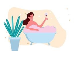 Woman character taking bath relaxing and drinking wine. Vector flat simple illustration