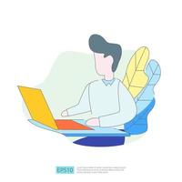 businessman working at a laptop computer in the workplace desk office. Business illustration concept for remote work or freelance with man character. Vector illustration in flat style.