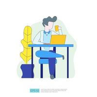 businessman working at a laptop computer in the workplace desk office. Business illustration concept for remote work or freelance with man character. Vector illustration in flat style.