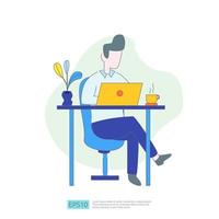 businessman working at a laptop computer in the workplace desk office. Business illustration concept for remote work or freelance with man character. Vector illustration in flat style.