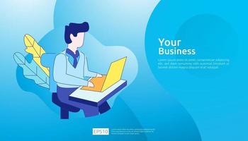 businessman working at a laptop computer in the workplace desk office. Business illustration concept for remote work or freelance with man character. Vector illustration in flat style.