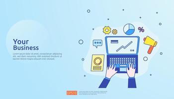 marketing concept with document data report. business statistics, investment analysis, planning research and finance audit with paper sheet chart, laptop, magnifier, paperwork, charts, graphs element vector