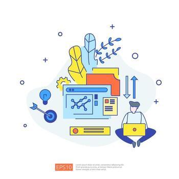 concepto de informe de datos de documentos para análisis de inversiones, investigación de planificación, estadísticas comerciales y contabilidad de auditoría financiera con tabla de hojas de papel, computadora portátil, lupa, papeleo, tablas, elemento de gráficos vector