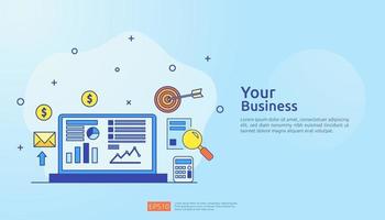 marketing concept with document data report. business statistics, investment analysis, planning research and finance audit with paper sheet chart, laptop, magnifier, paperwork, charts, graphs element vector