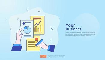 chart document data report concept for business statistics, investment analysis, planning research and finance audit accounting with paper sheet, hands, magnifier, paperwork, charts, graphs element vector