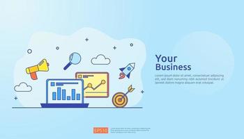 digital marketing strategy concept vector illustration. Business growth graph and chart increase to success. Return on investment ROI or increase profit. Finance stretching rising up for  banner
