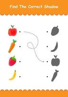 Encuentra las frutas y sombras correctas de dibujos animados. juego de lógica educativa para niños. hoja de trabajo imprimible para niños en edad preescolar vector