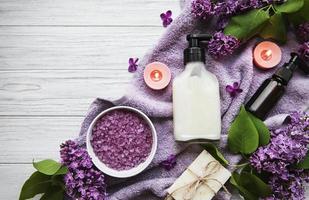 Spa setting with lilac flowers photo