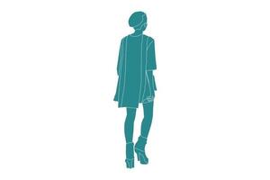 Vector illustration of fashionable woman walking looks from behind, Flat style with outline