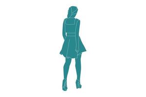 Vector illustration of elegant woman walking looks from behind, Flat style with outline