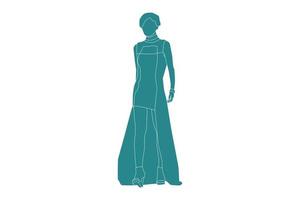 Vector illustration of elegant woman walking on the catwalk, Flat style with outline
