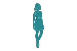 Vector illustration of elegant woman walking, Flat style with outline