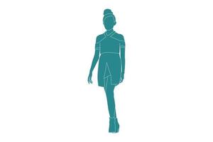 Ilustración vectorial de mujer elegante caminando, estilo plano con contorno vector