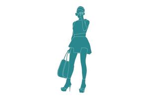 Vector illustration of fashionable woman posing, Flat style with outline