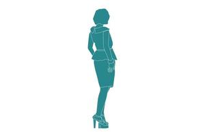 Ilustración vectorial de mujer casual posando mira desde atrás, estilo plano con contorno