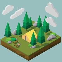 estilo isométrico de polígono bajo de un camping en un bosque. vector