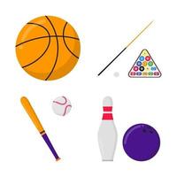 bola de baloncesto, bolas de billar y taco, bate de béisbol y bola, bola de bolos y bolo deporte conjunto de signos de icono de ilustración de vector de diseño de estilo plano aislados sobre fondo blanco.