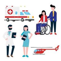 empleado del hospital y concepto de conjunto de transporte con médico, enfermera, pacientes, helicóptero y ambulancia en estilo plano. médico, enfermera, mujer en silla de ruedas, ambulancia, helicóptero aislado en el fondo. vector