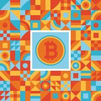 Simple shapes geomectric seamless pattern with bitcoin icon sign for background vector illustration. Colorful version for wrapping, cover or banner background. Crypto currency bitcoin in the circle.