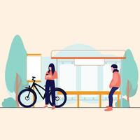 women and man waiting bus in park vector