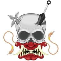 diseño vectorial de calavera ninja con máscara hannya japonesa, kunai y shuriken, máscara hannya del folclore japonés vector