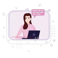 Vector design of video tutorial, Online video playback, communicator in Online course, video website interface with female influencer with her laptop