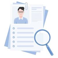 Vector design of curriculum vitae with photo of boy, resume for job search with magnifying glass