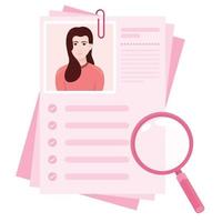 Vector design of curriculum vitae with photo of girl, resume for job search with magnifying glass