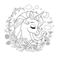 Unicorn surrounded with flowers and butterflies coloring page vector illustration