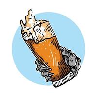 mano esqueleto dibujado a mano con cerveza de vidrio vector