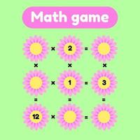 Vector illustration. Math game for preschool and school age children. Count and insert the correct numbers. Multiplication. Glade with pink flowers.