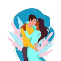 Multiracial couple in love, vector illustration in flat style. Two kissing.Multiethnic family