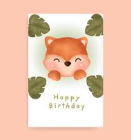 tarjeta de cumpleaños con lindo zorro en estilo acuarela vector