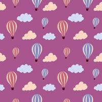 Seamless pattern with flying hot air balloon and colorful clouds, on a  background. Vector endless texture for travel design.