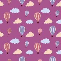 Seamless pattern with flying hot air balloon and colorful clouds, on a  background. Vector endless texture for travel design.