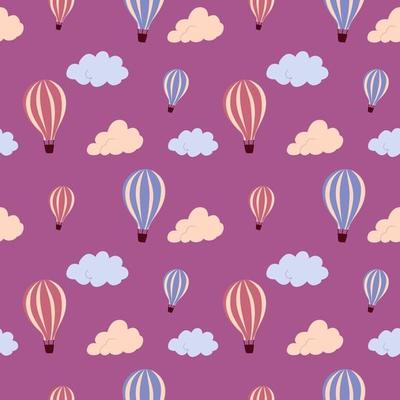 Seamless pattern with flying hot air balloon and colorful clouds, on a  background. Vector endless texture for travel design.