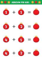 Educational worksheet for preschool kids. Addition for kids with Christmas balls. vector