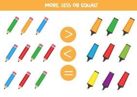 More, less or equal. Count how many pencils and markers vector