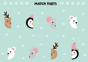 Educational worksheet for preschool kids. Match parts of different cute animals. vector