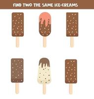 Set of ice creams. Find two the same ice creams. Educational worksheet. vector