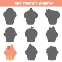 Educational worksheet for preschool kids. Find correct shadow of muffin or cupcake vector