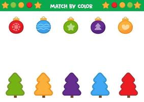 Educational worksheet for preschool kids. Match Christmas trees and balls by color. vector